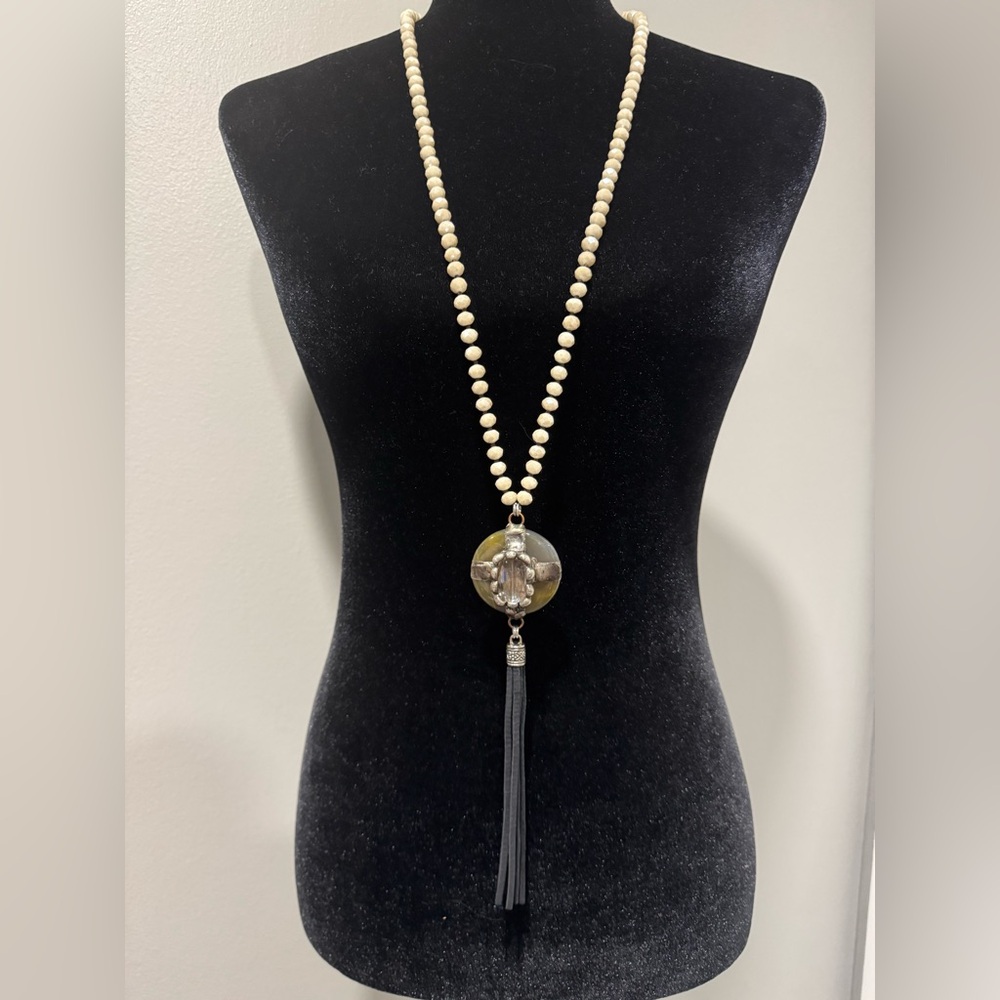 Elegant Beaded Stone and Leather Tassel Necklace